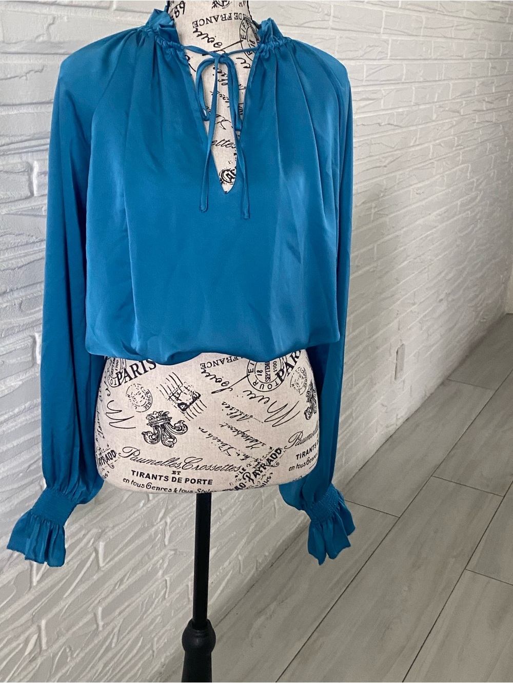 Ramy Brook Teal Tie-Neck Long-Sleeve Blouse